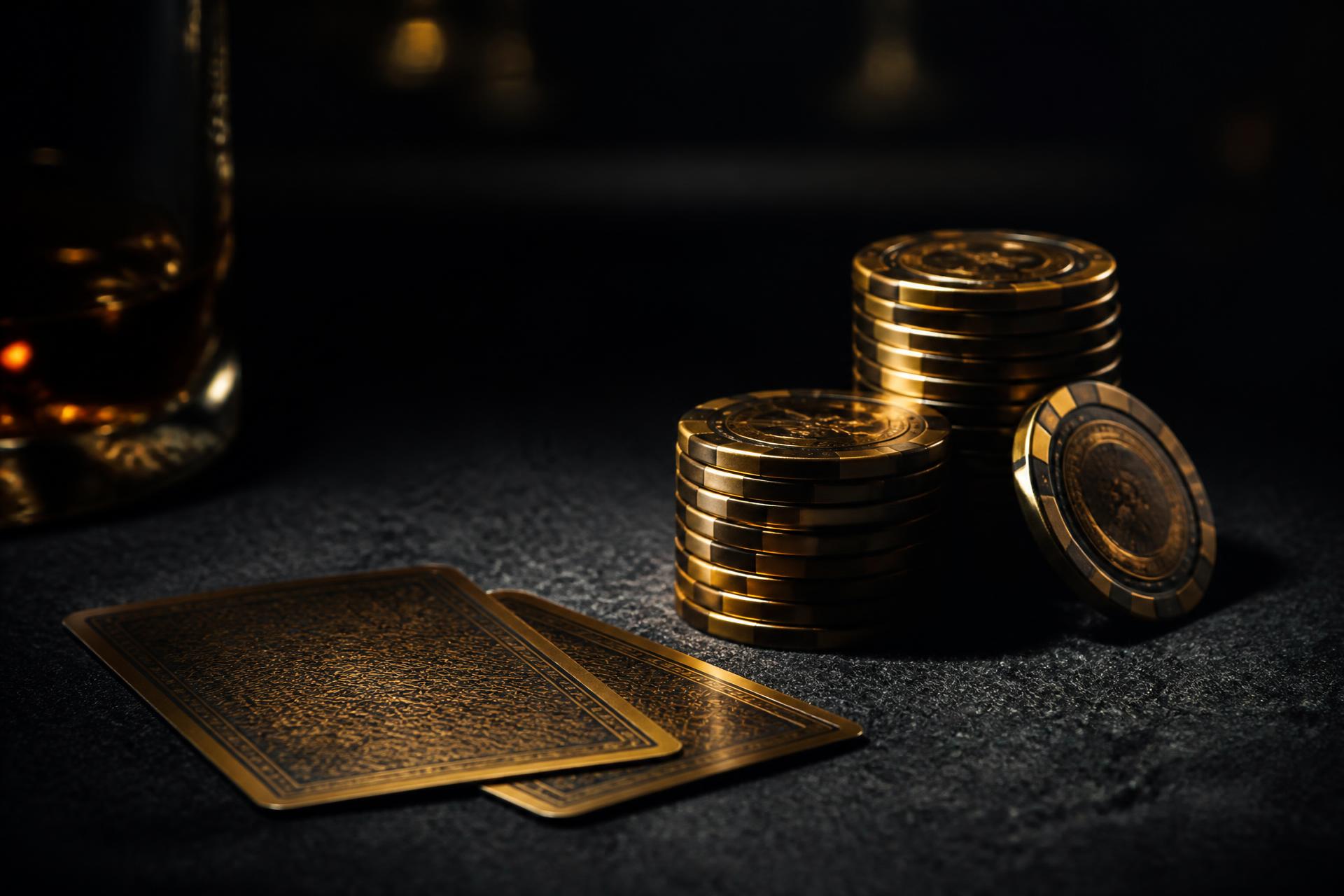 Fichas douradas e cartas sobre feltro escuro